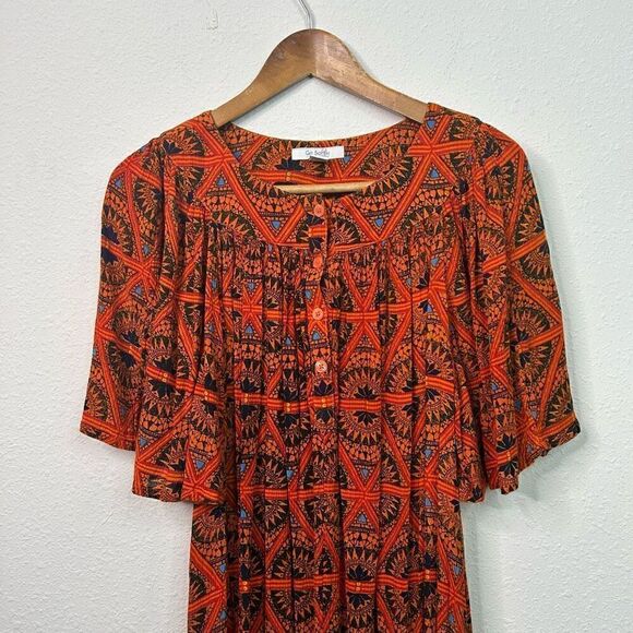 Go Softly Patio Multicolor Safari Giraffe Pleated Orange Dress Size L - Picture 2 of 14